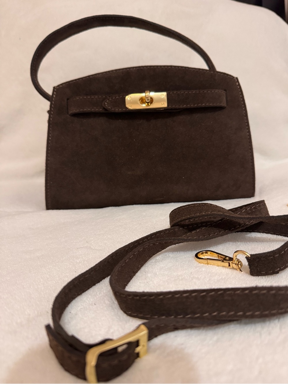 Classic Brown Suede Top-Handle Bag with Gold Hardware